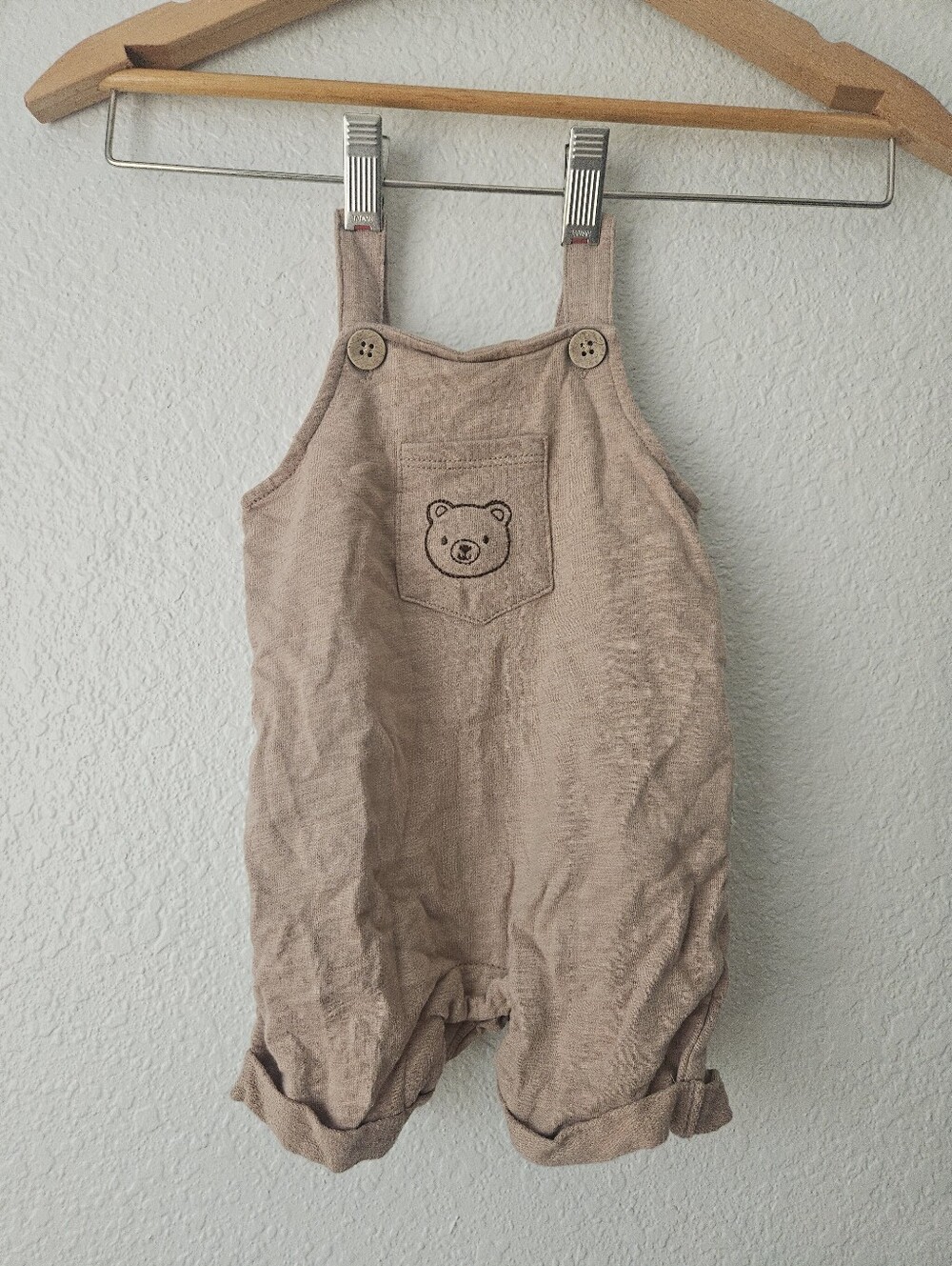 rabbit + bear 100% organic cotton brown embroidered overalls, 6 - 9 months